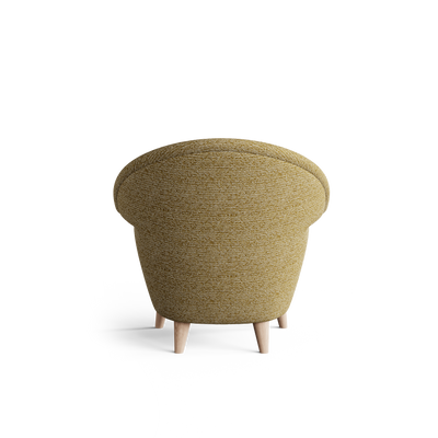 Rear view of the mustard-olive Eikund UnFluffy Lounge Chair, showing its curved upholstered shell, wide rounded upper back, textured weave, and short tapered wood legs.