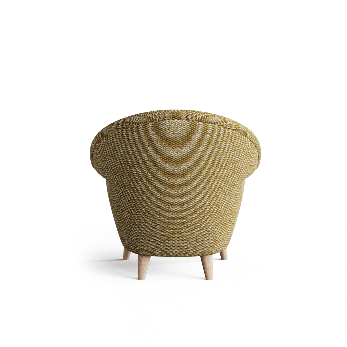 Rear view of the mustard-olive Eikund UnFluffy Lounge Chair, showing its curved upholstered shell, wide rounded upper back, textured weave, and short tapered wood legs.