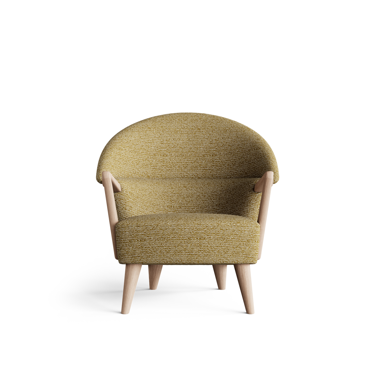Front view of the mustard-olive Eikund UnFluffy Lounge Chair, showing the domed backrest curving around the seat, open wood arm supports, and outward-angled front legs against white.