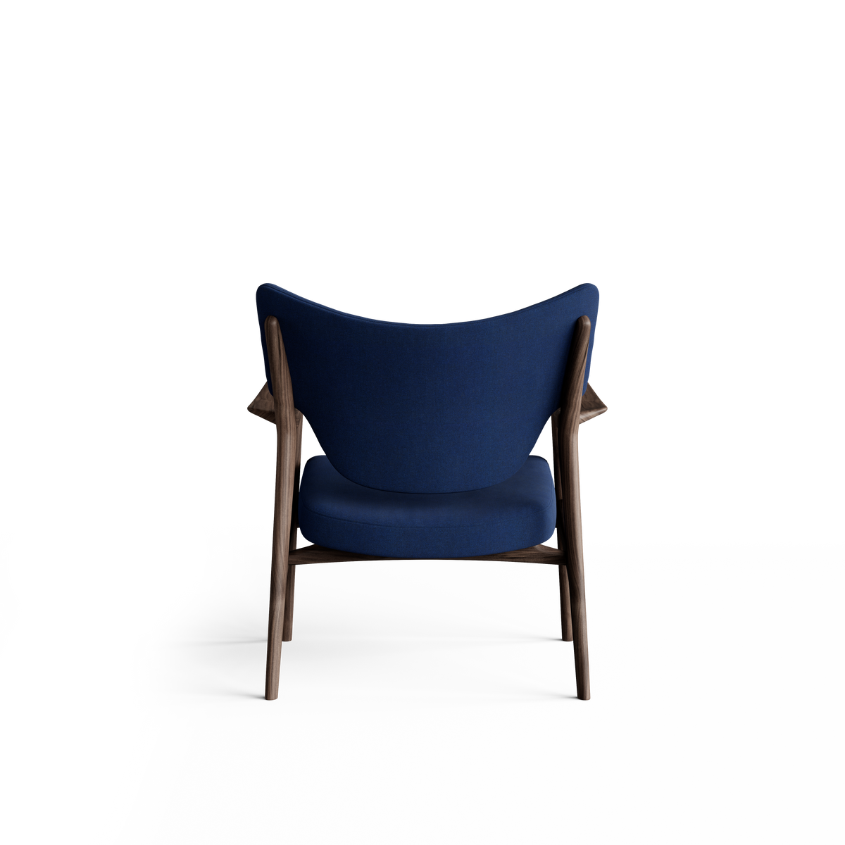 Rear view of the blue Eikund Veng Lounge Chair, showing its curved upholstered back with raised outer corners, exposed dark wood uprights, and slim legs.