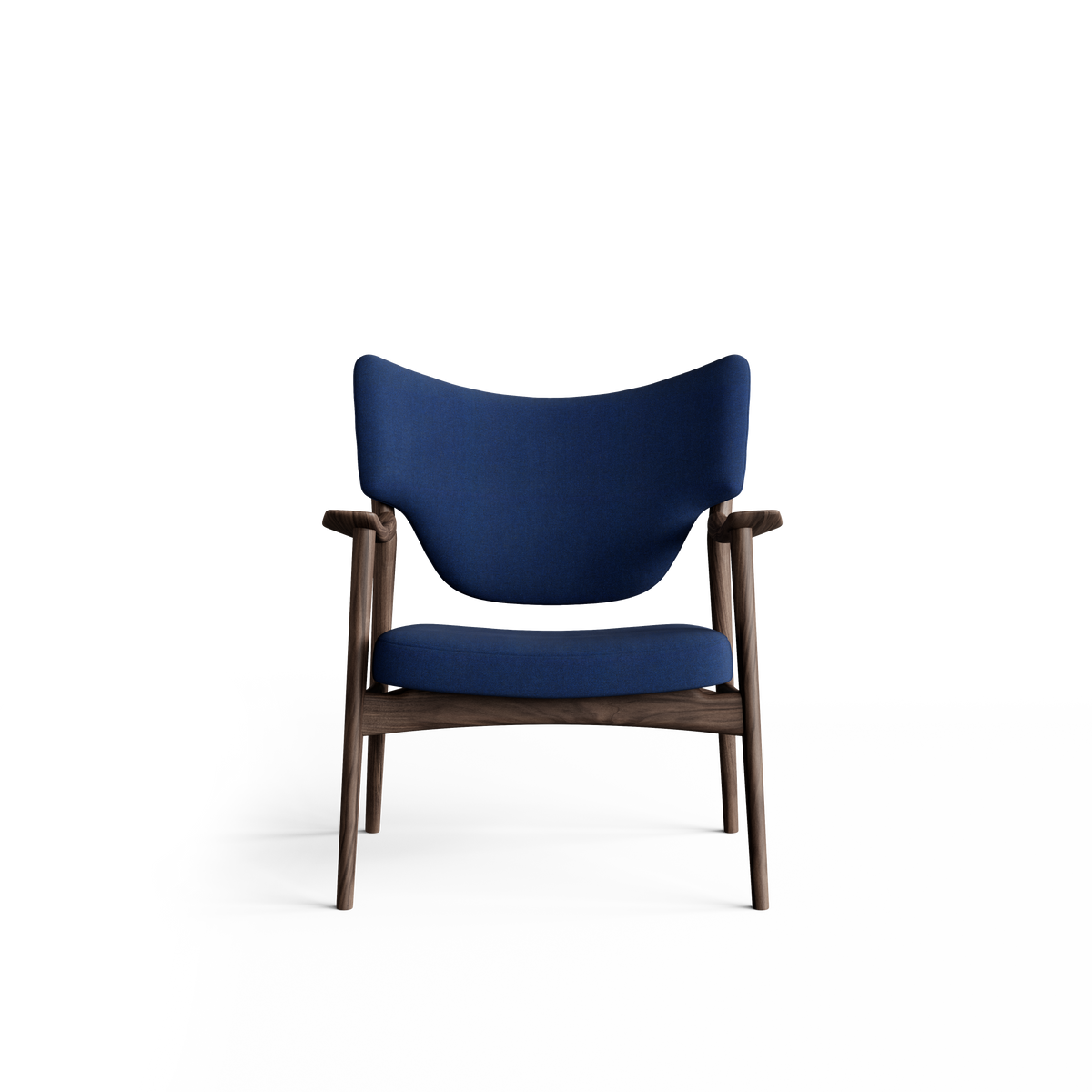 Front view of the blue Eikund Veng Lounge Chair, showing the sweeping backrest, open gap above the seat cushion, and outward-curving wood armrests.