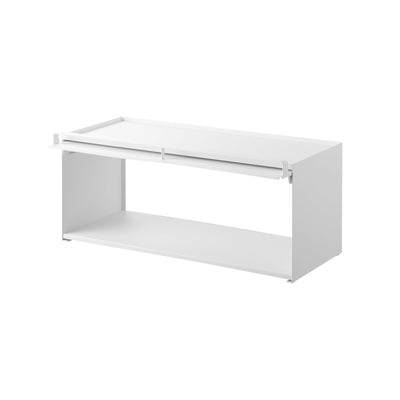 Empty white Yamazaki Home Open-Back Countertop Storage Rack - Steel with the front panel raised beneath the top, revealing the open rectangular compartment, flat base and solid side walls.