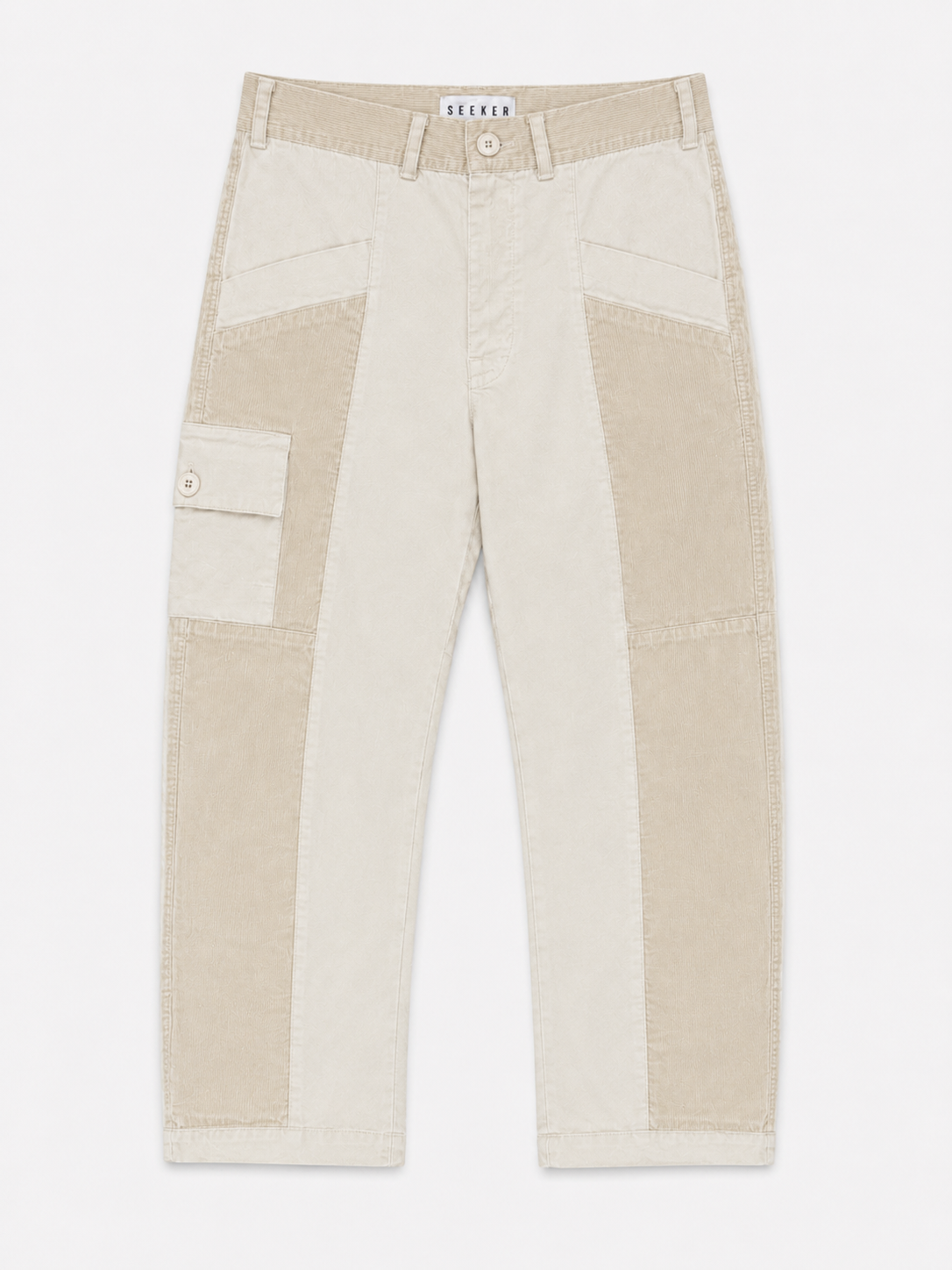 Front product view of cream Trek pants with contrasting tonal panels and a buttoned cargo pocket.