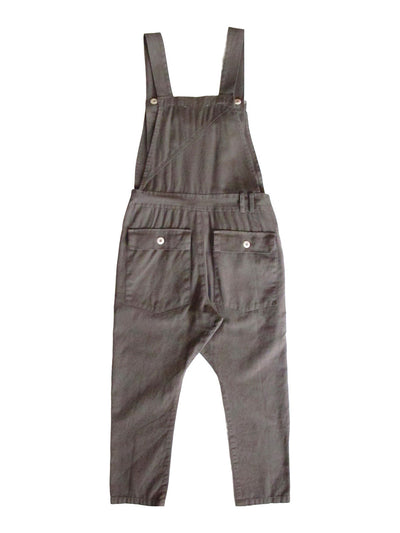 Back product view of charcoal-gray overalls with side buttons and rear pockets.
