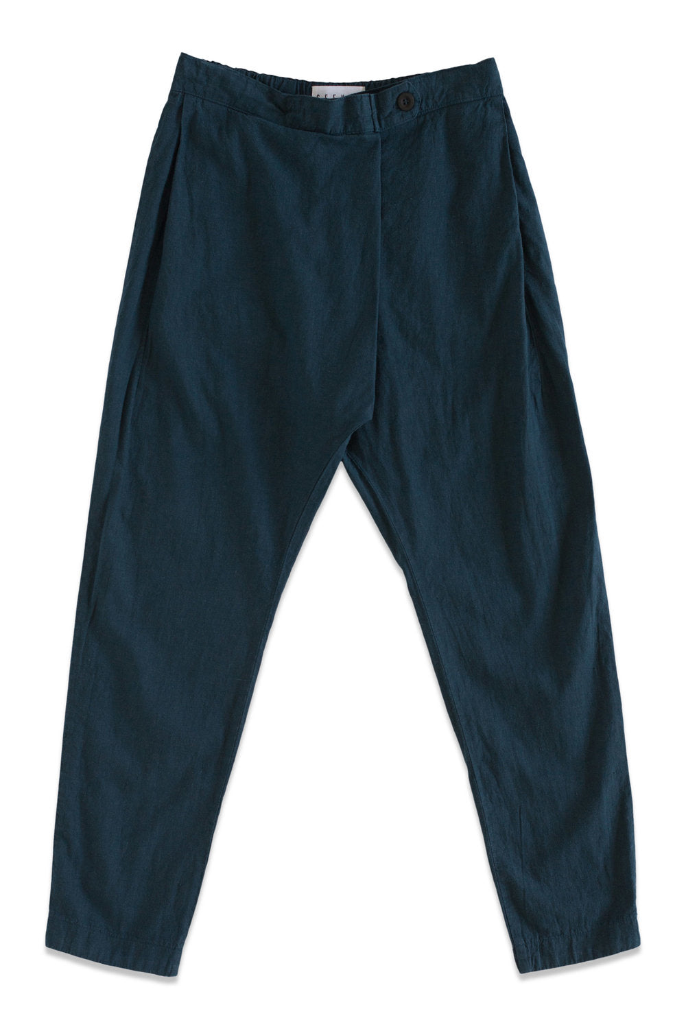 Front product view of deep teal-blue Souk pants with a buttoned waistband.