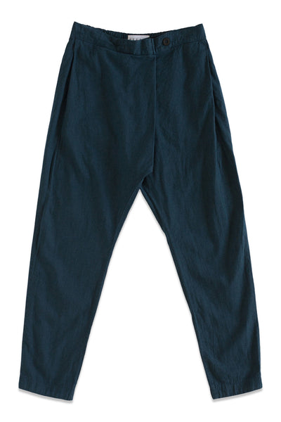 Front product view of deep teal-blue Souk pants with a buttoned waistband.