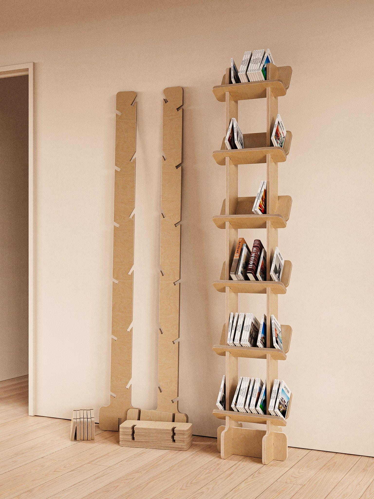 Front and rear views of two Yankel natural wood bookcases, one empty and one filled with books and magazines