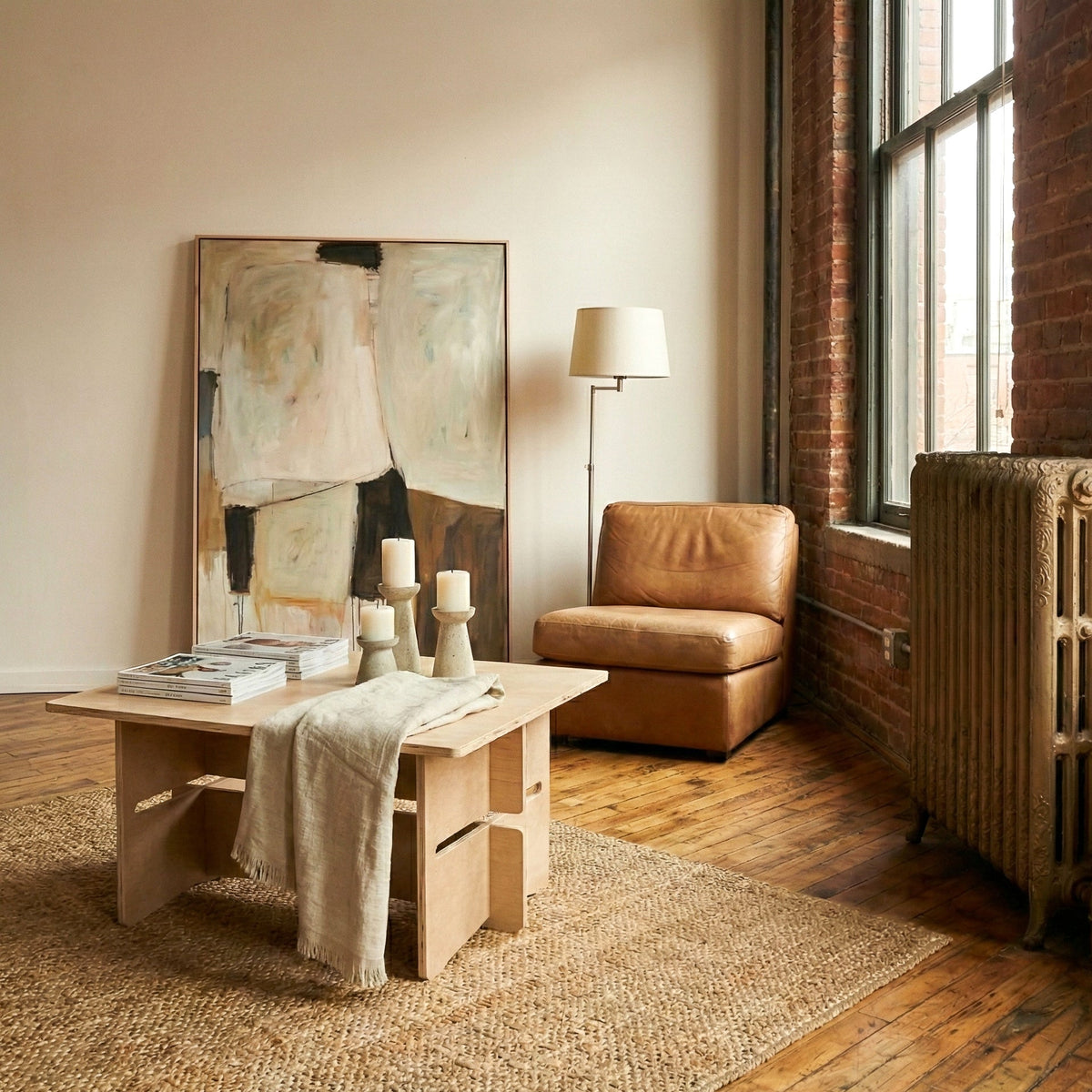 Williamsburg natural wood coffee table styled with books, candles and a draped throw in a warm loft seating area