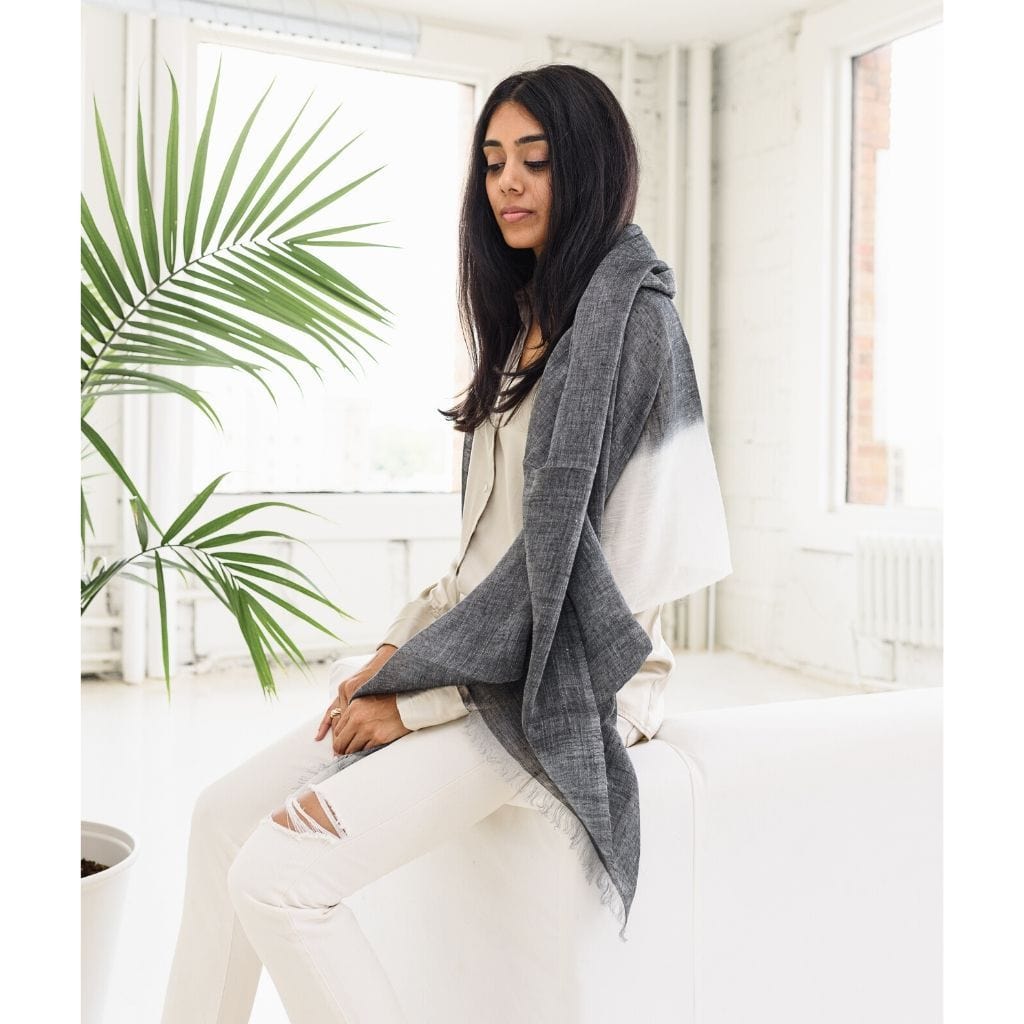 Granite Black White Ombre Linen Silk Handloom Scarf