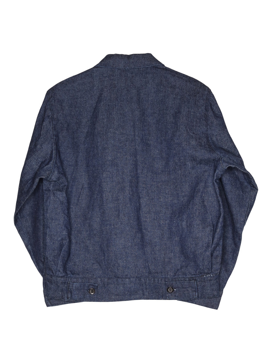 Back product view of the dark indigo Studio Coat with a gathered hem.