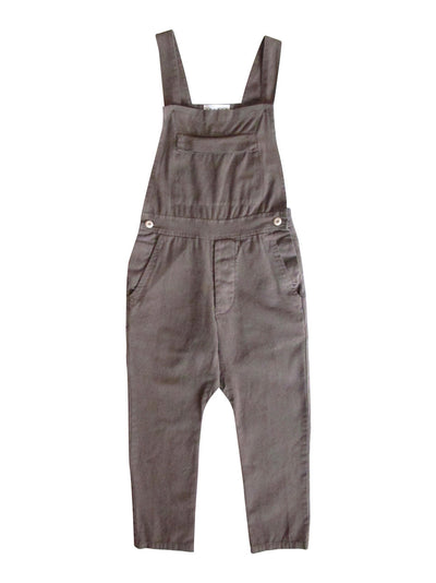 Front product view of charcoal-gray overalls with adjustable straps, a bib pocket, and tapered legs.