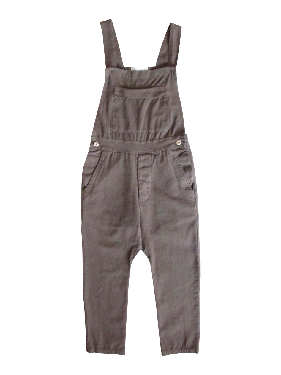 Front product view of charcoal-gray overalls with adjustable straps, a bib pocket, and tapered legs.