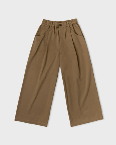 Khaki-brown Paulette Lee Trousers displayed against a light background, showing a gathered waistband with belt loops, a front button and fly, curved front pockets, front pleats, and wide legs with straight hems.