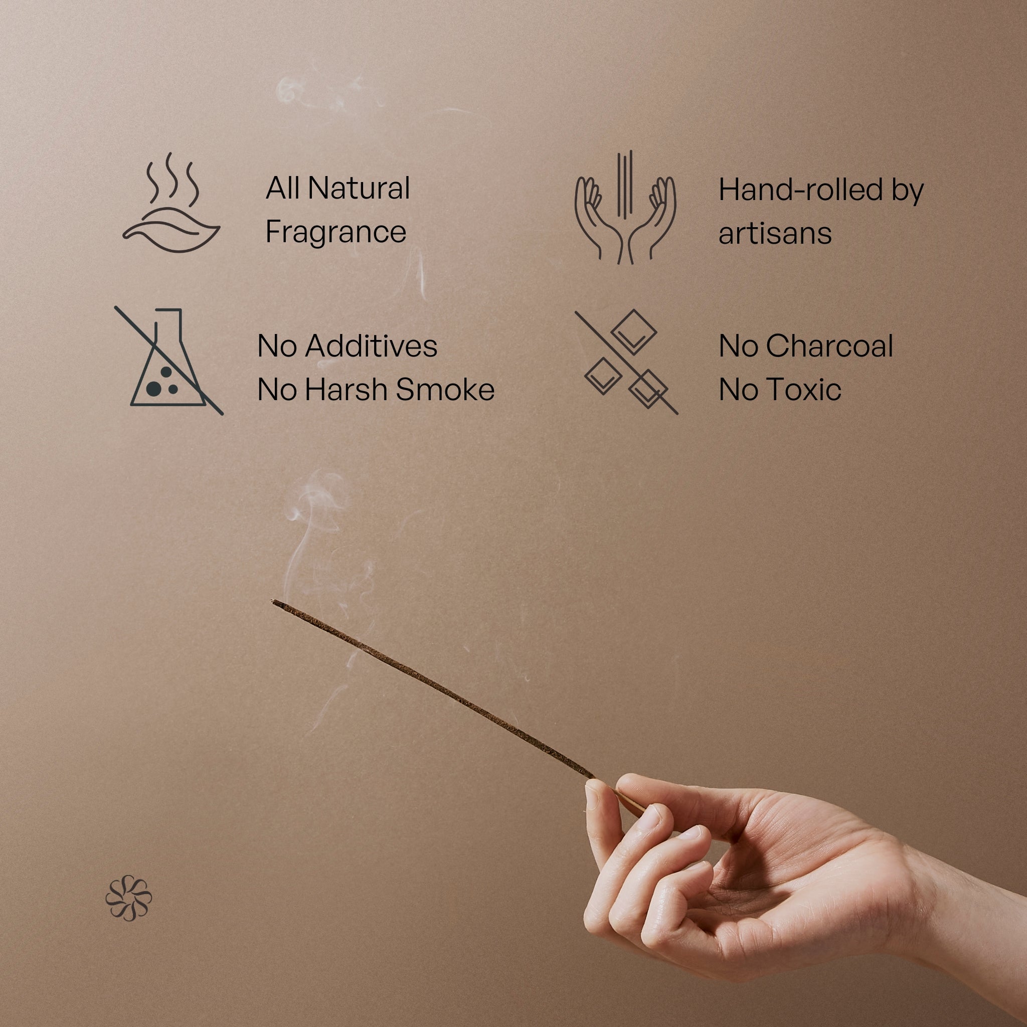 Hand holding a burning Looshi incense stick beside icons describing all-natural fragrance, no additives or harsh smoke, artisan hand-rolling, and no charcoal or toxins