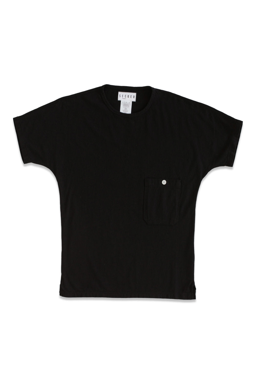 Front product view of the black dolman-sleeve tee with a small chest pocket.