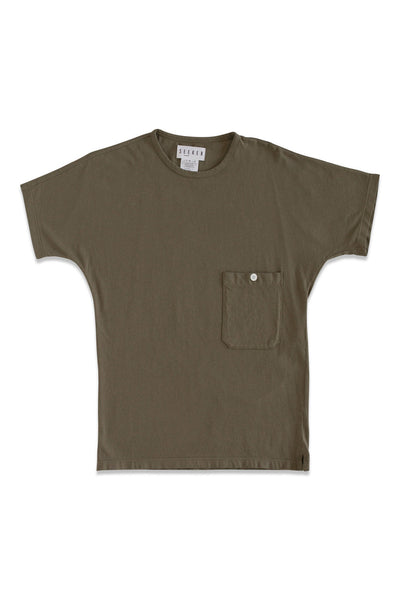 Front product view of the muted brown-gray Pocket Dolman Tee with a chest pocket.