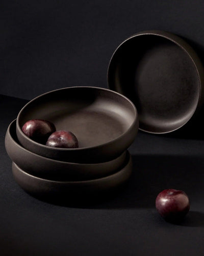 Gharyan Stoneware Japandi Tableware Pasta Bowl, Matte Black, styled with plums