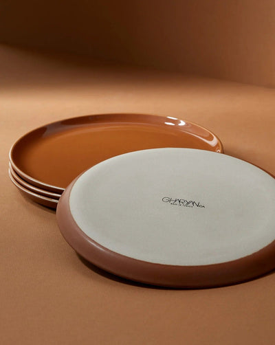 Gharyan Stoneware Japandi Tableware Side Plate, Terracotta, stacked with white plate