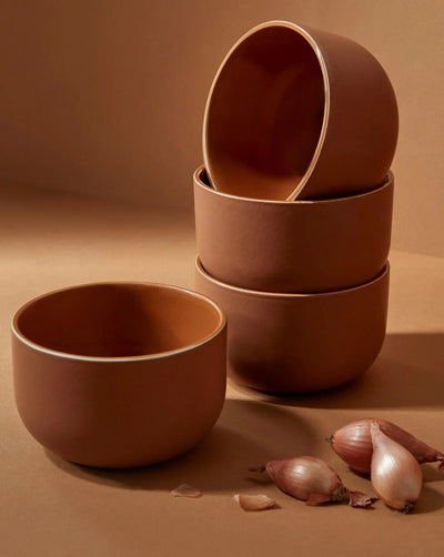 Gharyan Stoneware Japandi Tableware Bowl, Terracotta, styled with shallots