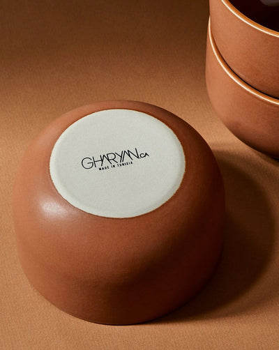 Gharyan Stoneware Japandi Tableware Bowl, Terracotta, base view showing maker's mark