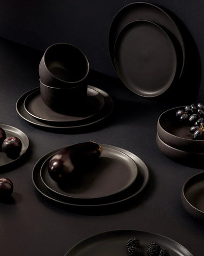 Gharyan Stoneware Japandi Tableware Pasta Bowl, Matte Black, styled with full dinnerware set
