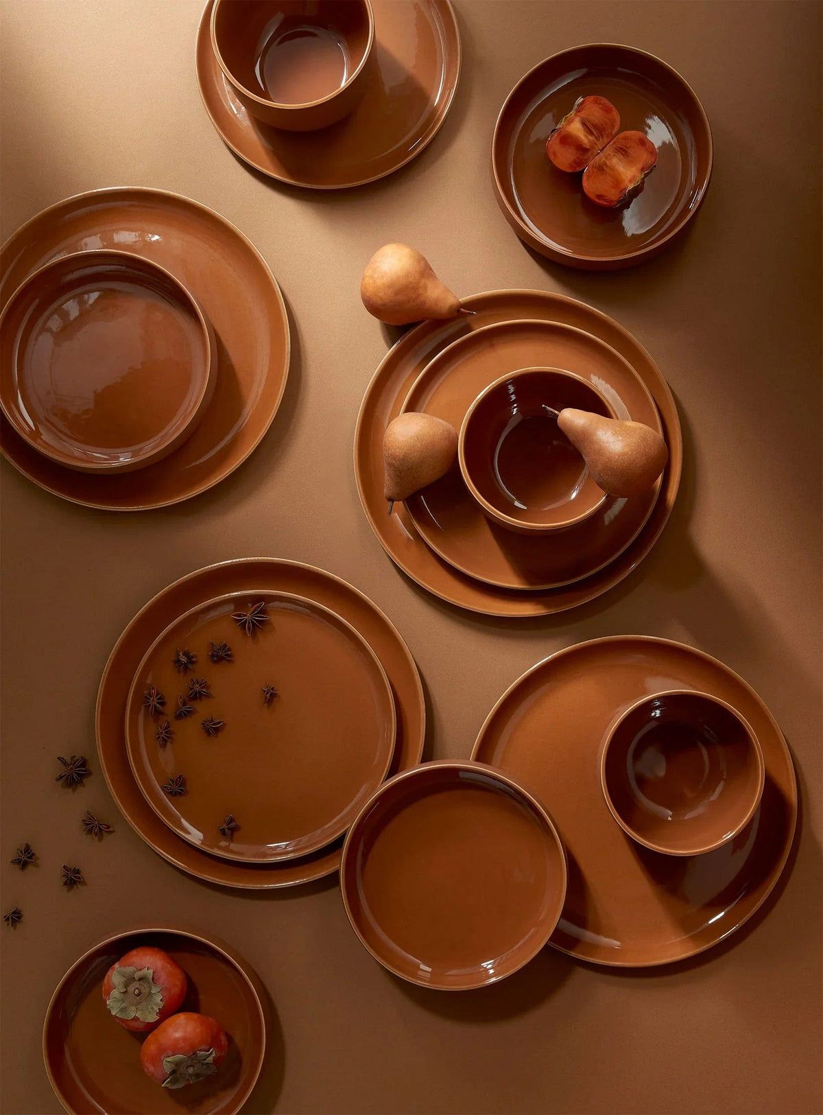 Gharyan Stoneware Japandi Tableware Dinner Plate, Terracotta, styled with full dinnerware set