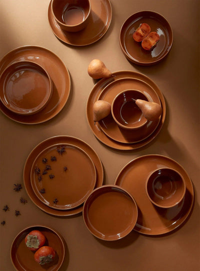 Gharyan Stoneware Japandi Tableware Dinner Plate, Terracotta, styled with full dinnerware set