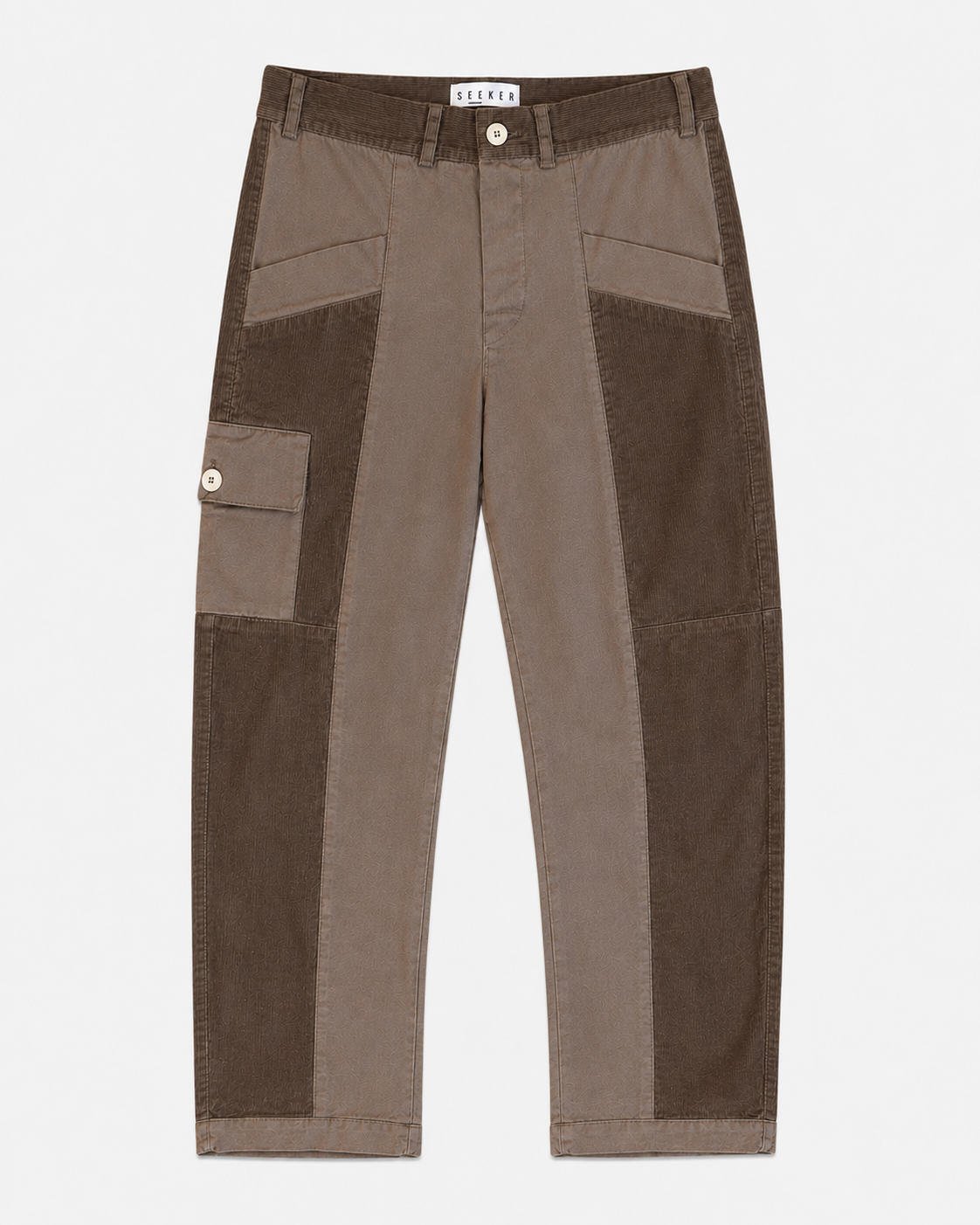 Front product view of brown Trek pants with contrasting tonal panels and a buttoned cargo pocket.