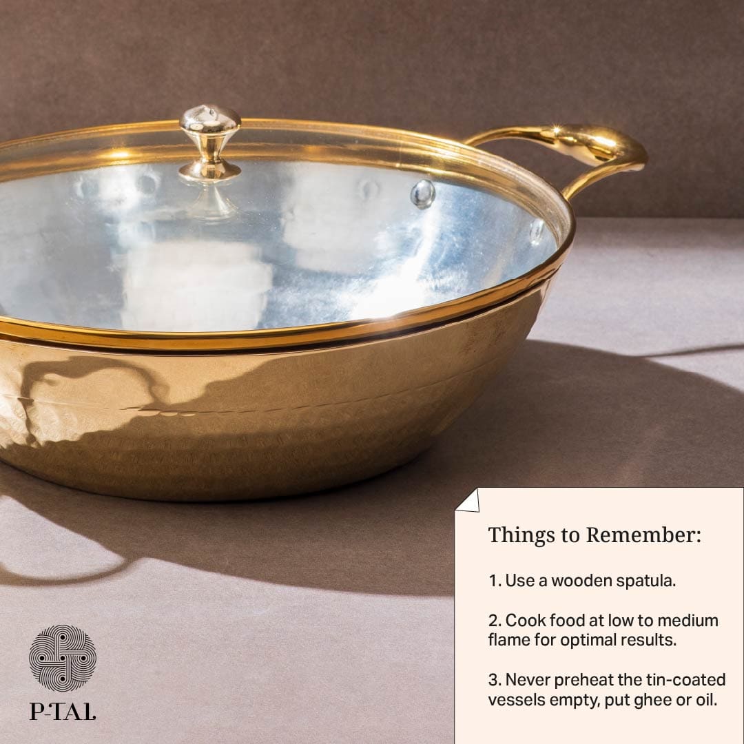 Brass Flat Base Wok with Glass lid