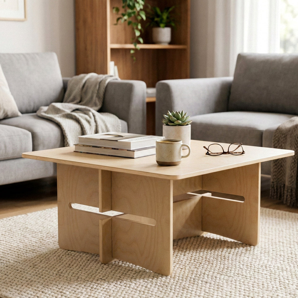 Williamsburg wood coffee table styled with books, a mug, plant and eyeglasses between gray sofas in a bright living room