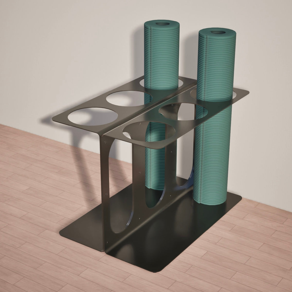 Black metal floor stand with six circular storage openings arranged in two rows, shown holding two tall teal foam rollers on a wide rectangular base.