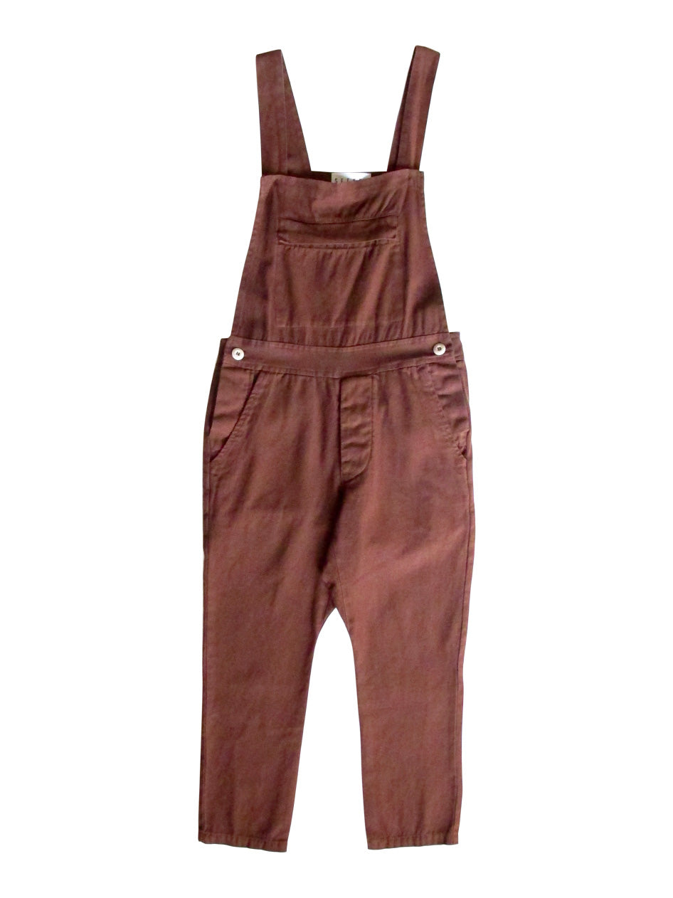 Front product view of rust-brown overalls with adjustable straps, a bib pocket, and tapered legs.