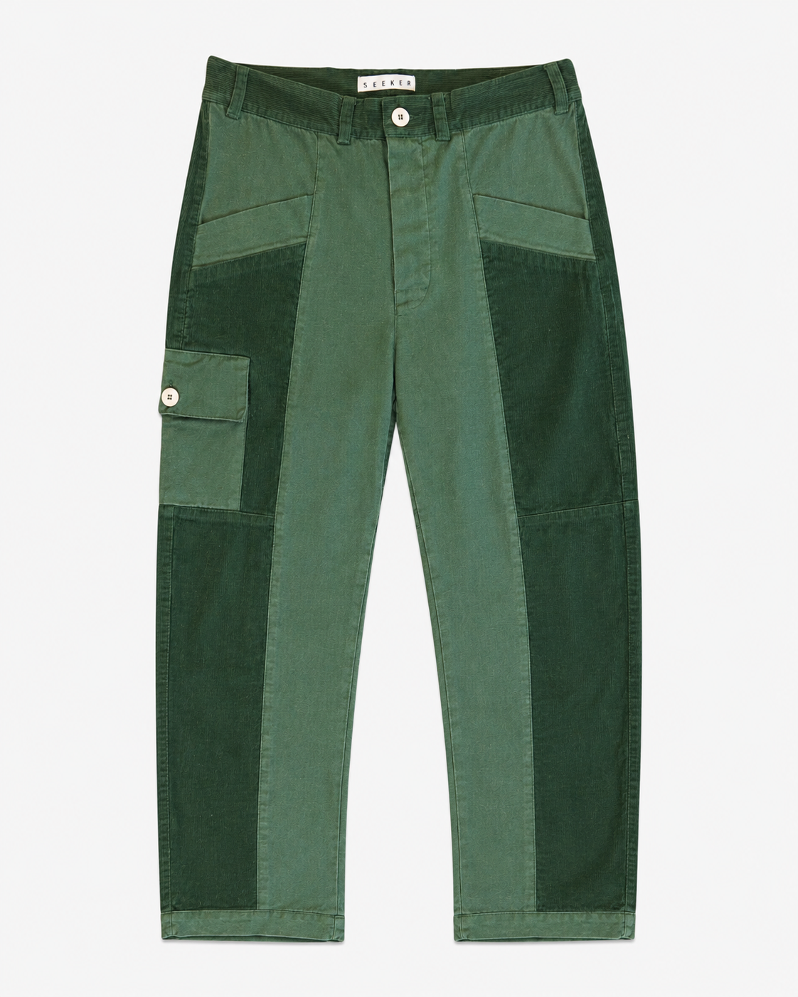 Front product view of green Trek pants with dark green utility panels and a buttoned cargo pocket.