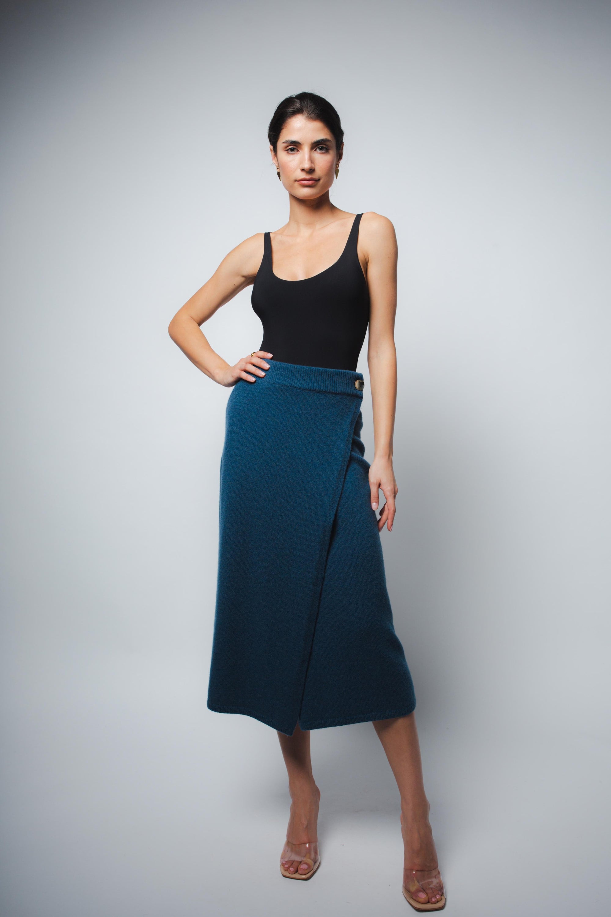 Lola Tank Bodysuit in black, styled front view with blue wrap skirt — Santicler Japandi fashion