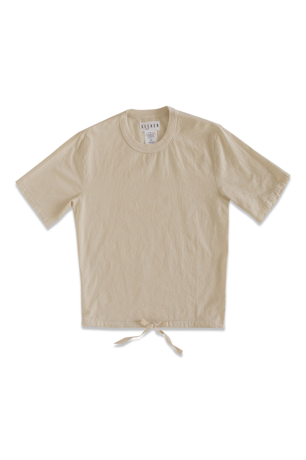 Front product view of the beige short-sleeve Cinch Shirt with a white adjustable hem drawcord.