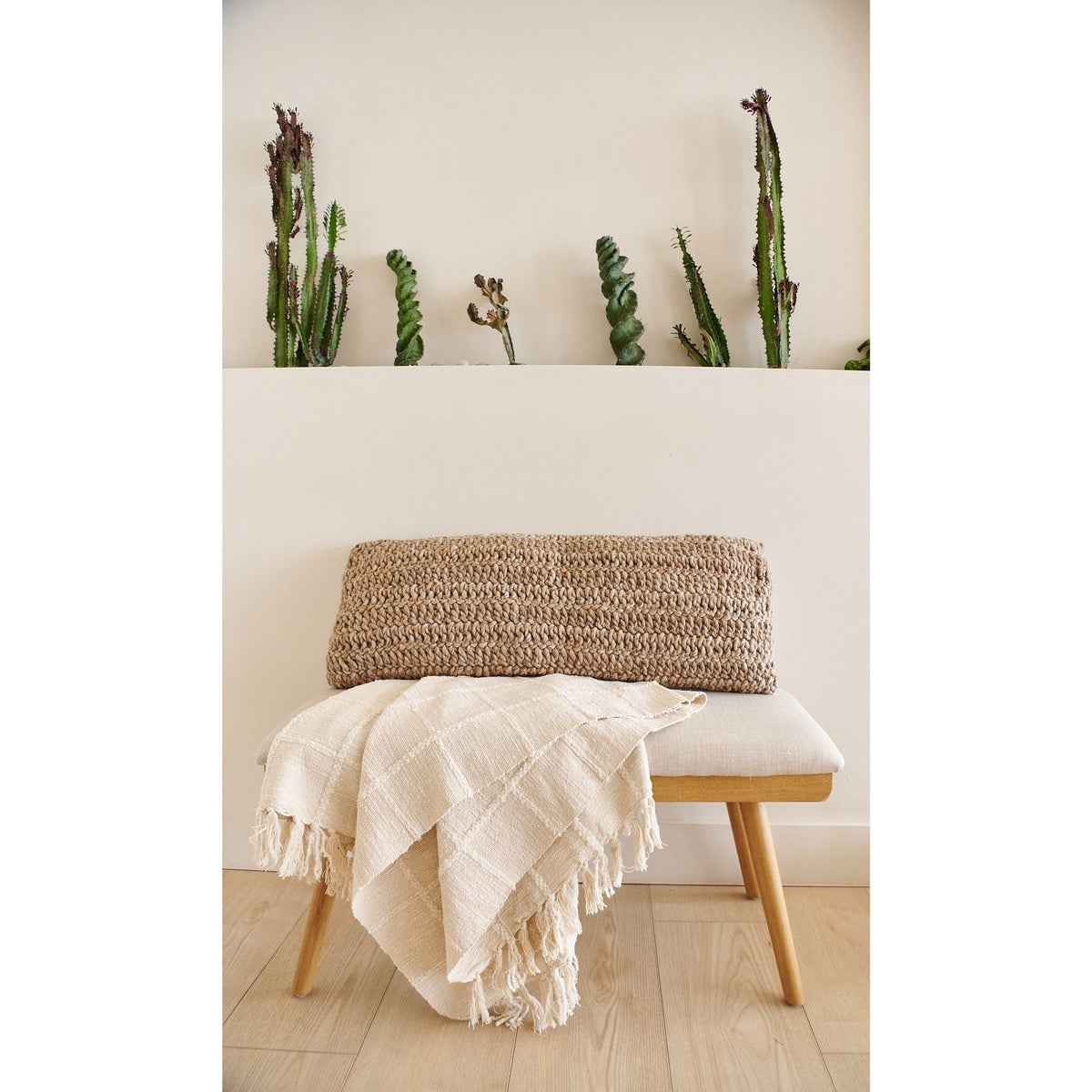 Sea Shell White textured throw draped over a small bench beneath a wall shelf decorated with slender green plants