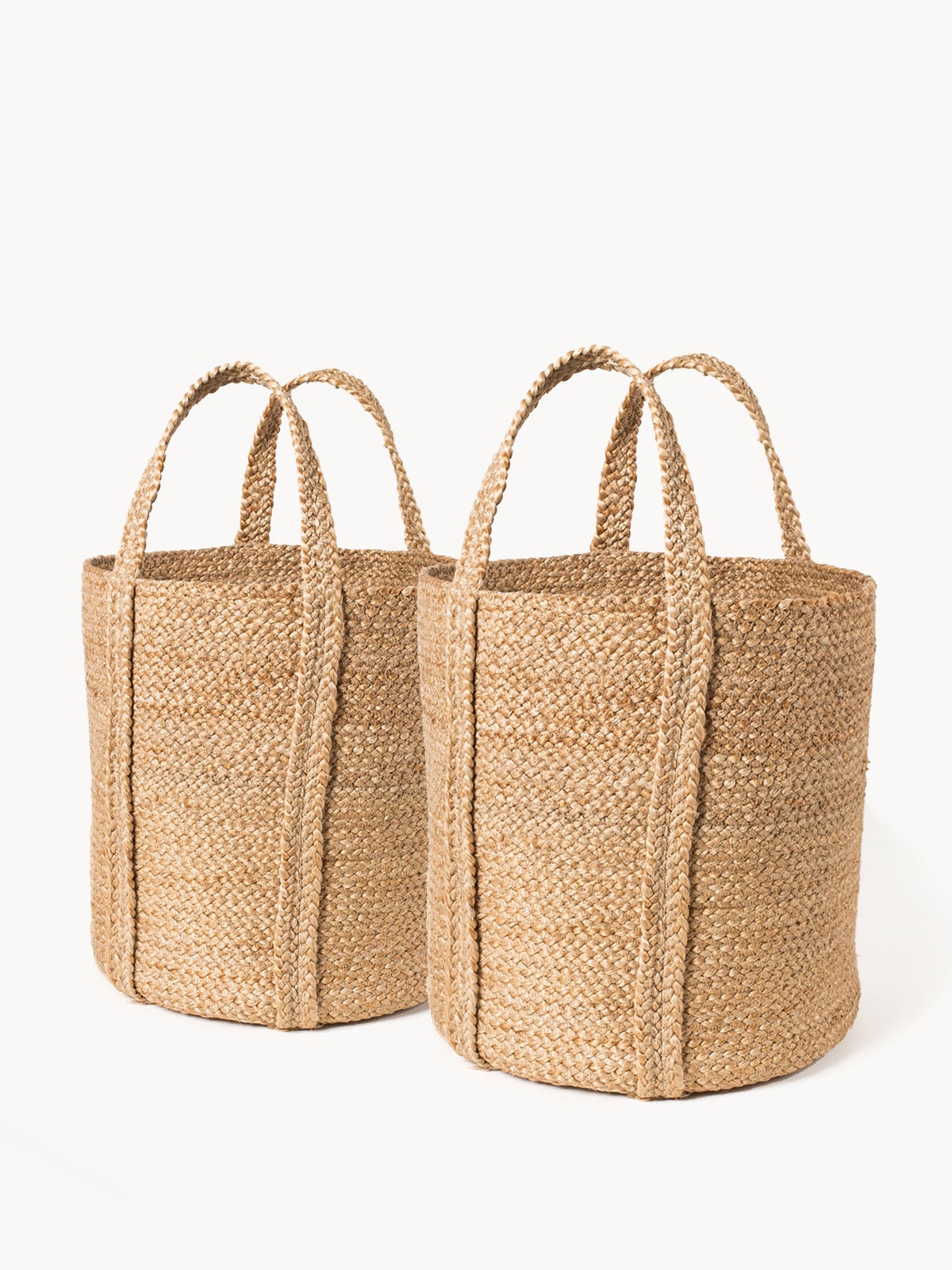 Korissa Kata Basket with Handle, natural jute tote, pair, white background
