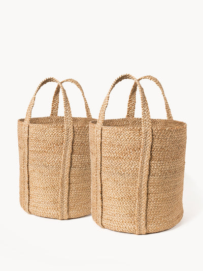 Korissa Kata Basket with Handle, natural jute tote, pair, white background
