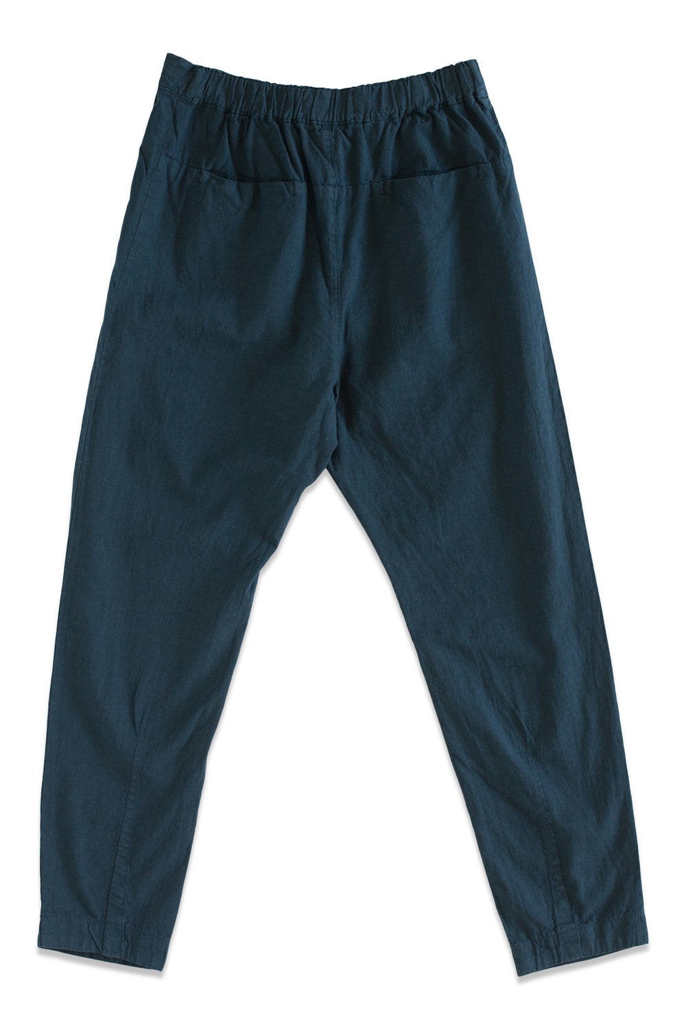 Back product view of deep teal-blue Souk pants with an elastic waistband.