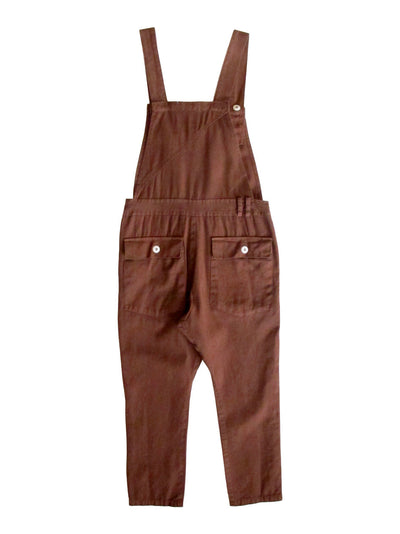 Back product view of rust-brown overalls with side buttons and rear pockets.