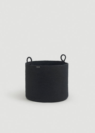 Short black rope basket with tightly coiled sides and matching loop handles.