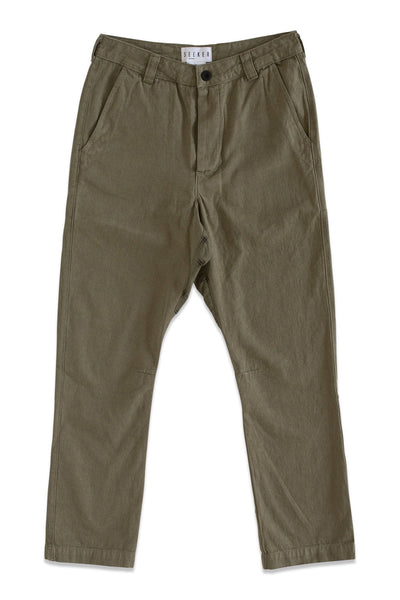 Front product view of olive-green Vet Chinos with a buttoned waistband and tapered legs.