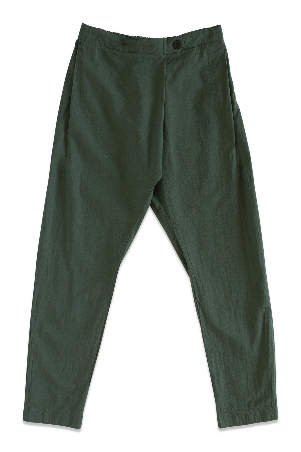 Front product view of forest-green Souk pants with a buttoned waistband.