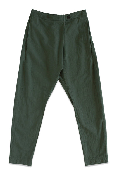 Front product view of forest-green Souk pants with a buttoned waistband.