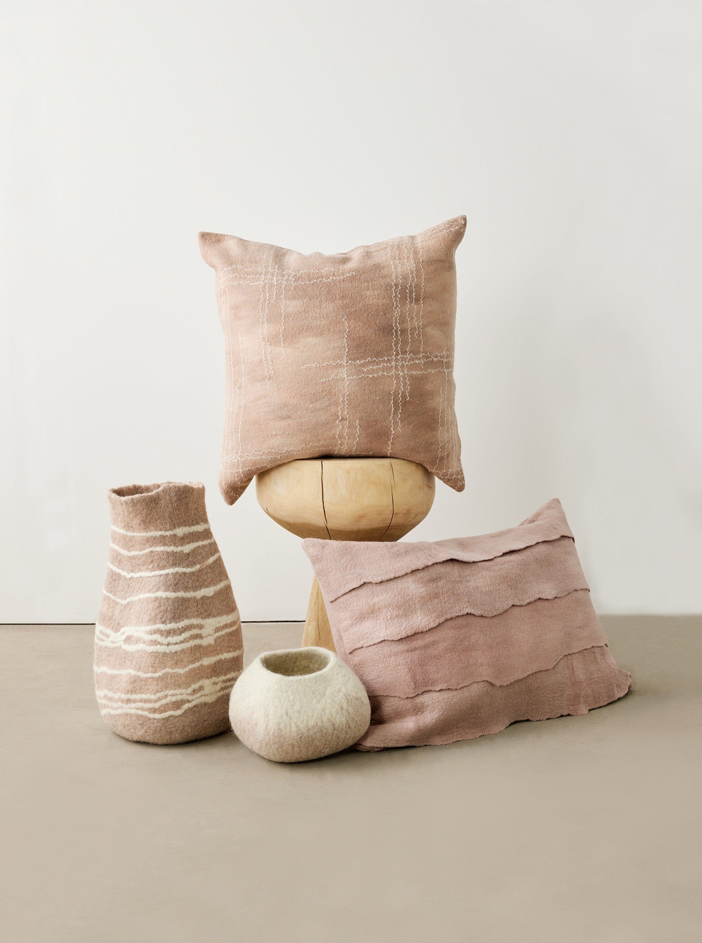 Linear Dusty Rose Hand-Felted Merino Wool Throw Pillow