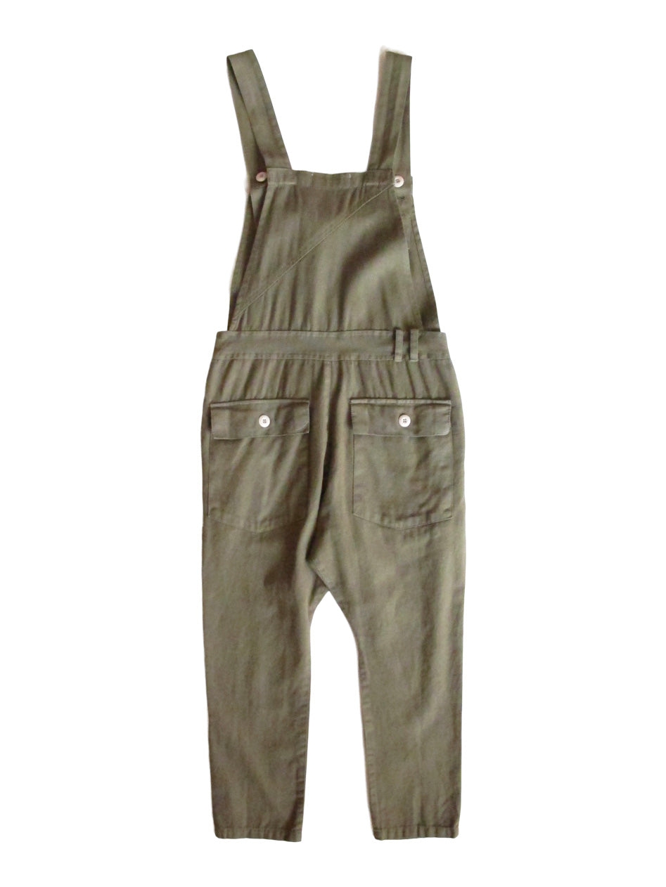 Back product view of olive-green overalls with buttoned side openings and rear pockets.