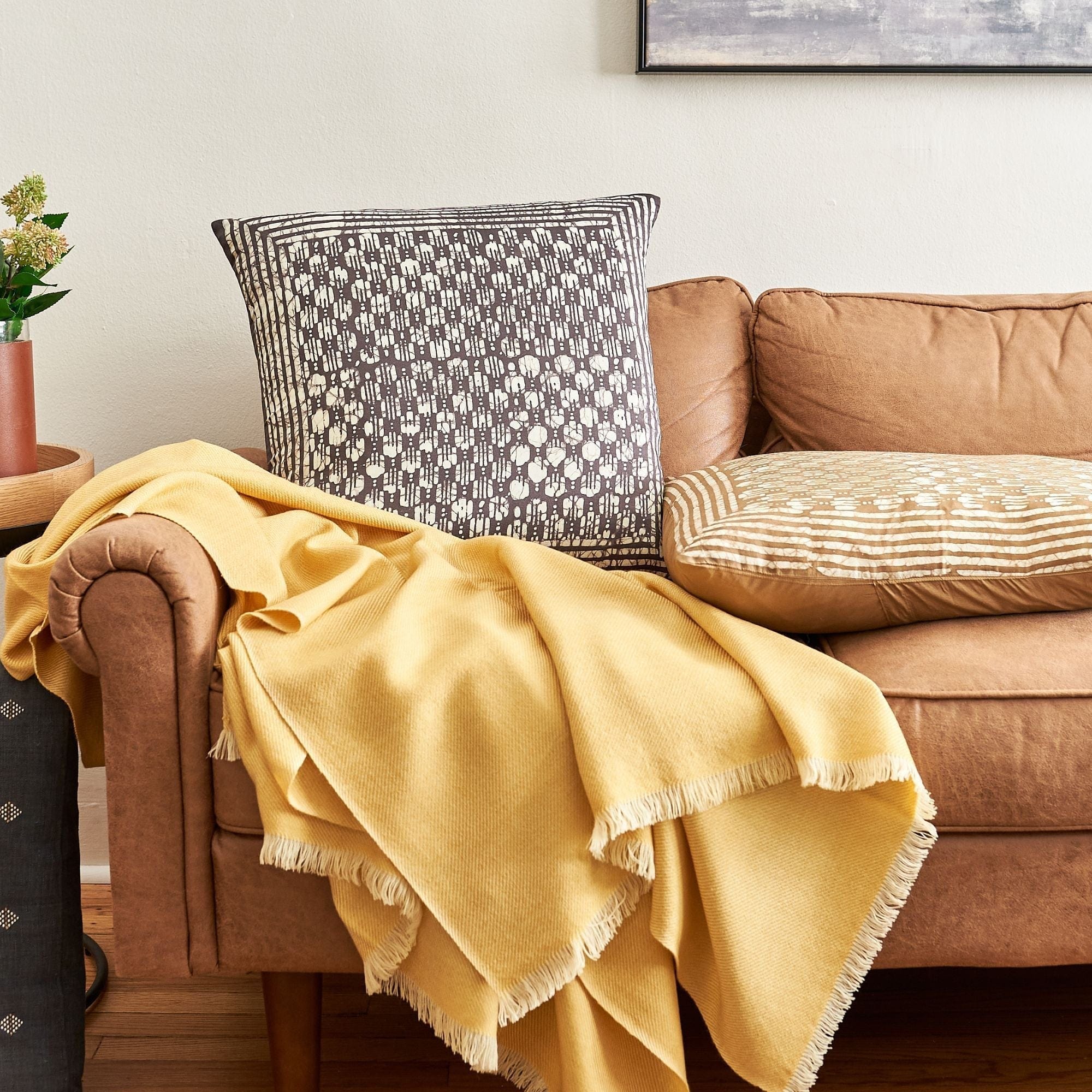 Oasis Charcoal Hand Crafted Wax Block Print Mulberry Silk Pillow