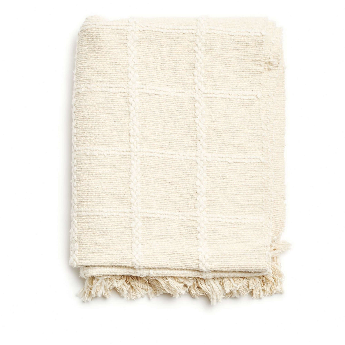 Sea Shell White Textured Checks Handloom Throw folded into a rectangle, showing the full grid pattern and fringed lower edge