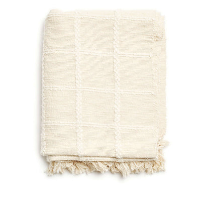 Sea Shell White Textured Checks Handloom Throw folded into a rectangle, showing the full grid pattern and fringed lower edge