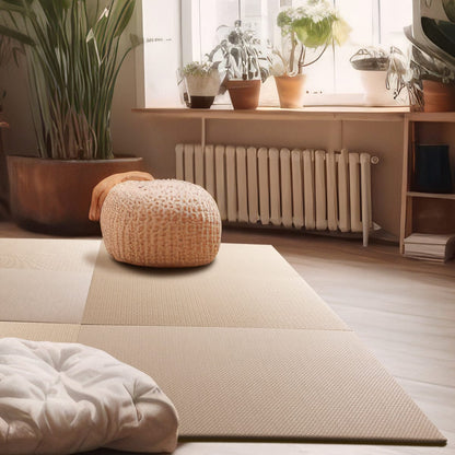 A Sazanami WHITE BROWN Japandi Tatami Mat =in a room with wooden flooring, surrounded by houseplants and a heating radiator. A beige cushion is placed on the mat, and there's a sense of tranquility typically associated with such settings.